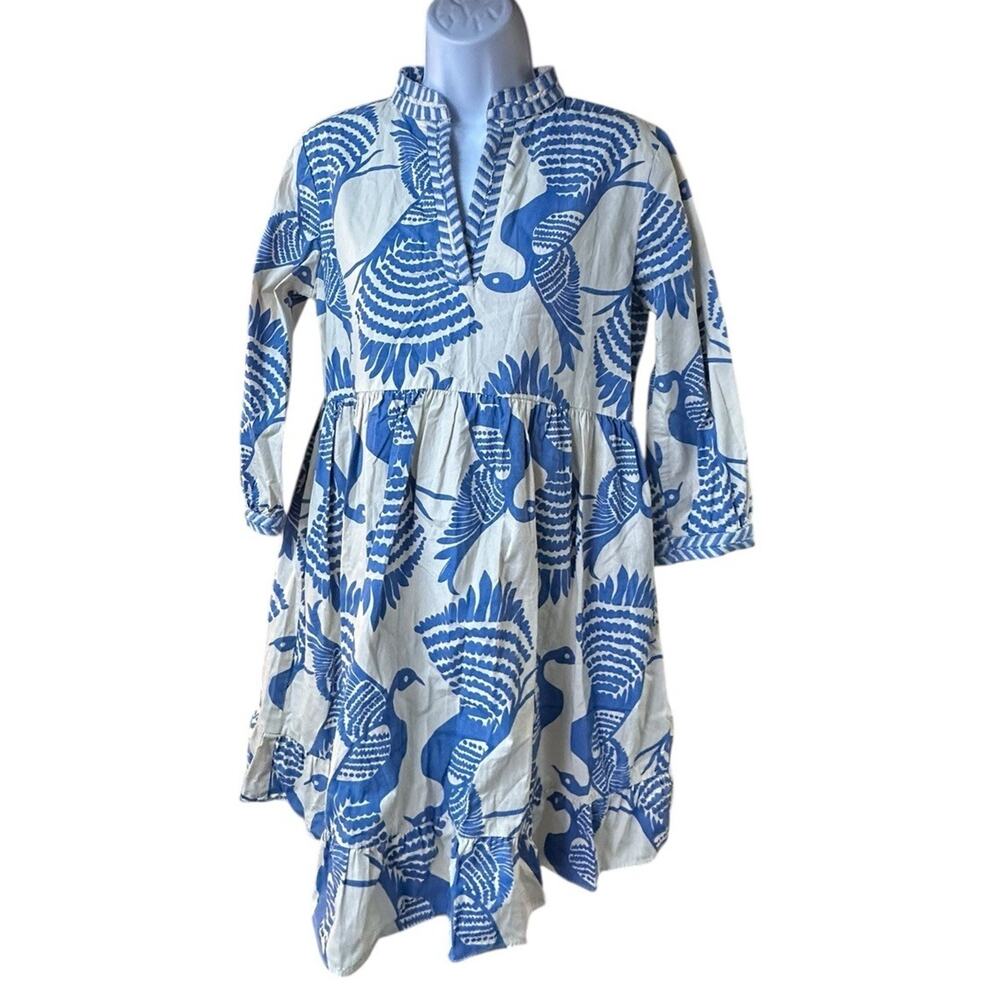 Liza Byrd Blue White Boho Bird Print Cotton Dress XS